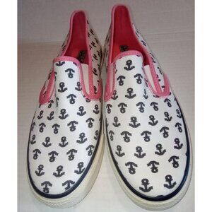 Sperry Top Sider White Pink Anchor Print Canvas Slip-On Boat Shoes Size 7